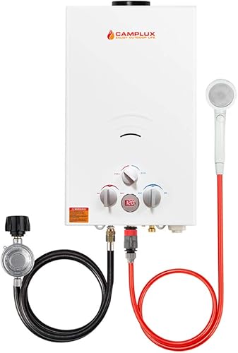 Camplux - Calentador de agua portátil de gas propano de 2.64 GPM, calentador de agua para acampar sin tanque al aire libre con pantalla digital,