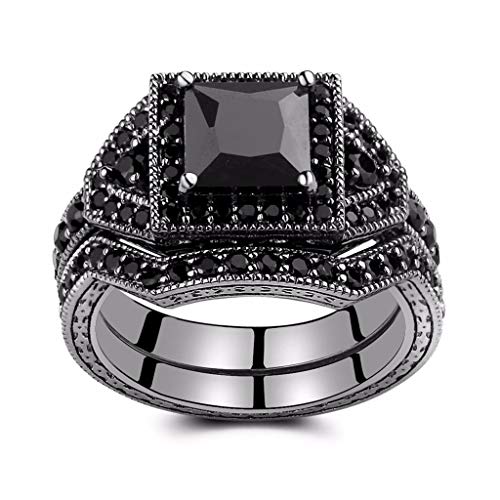 Castillna Black Cubic Zirconia CZ Simulated Diamond Princess Cut Solitaire Halo Bridal Engagement Wedding Rings Sets in Sterling Silver for Women2