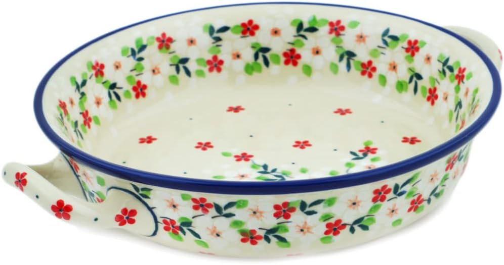 Polmedia Polish Pottery Round Baker with Handles UNIKAT - Festive Mistletoe Pattern Handmade in Boleslawiec Poland by Ceramika Artystyczna + Certificate of Authenticity