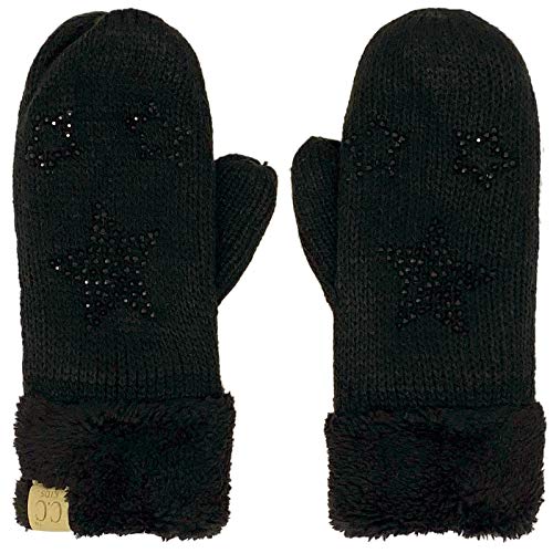CC Kids Ages 4 to 7 Thick Fuzzy Fleeced Lined Matching Winter Mittens Gloves (Star Black)