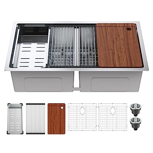 VEVOR Kitchen Sink, 304 Stainless Steel Drop-In Sinks, Undermount Double Bowls Basin with Ledge and Accessories, Household Dishwasher Sinks for Workstation, RV, Prep Kitchen, and Bar Sink, 33 inch