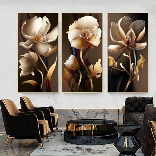 Peintures murales de fleurs nordiques de luxe en toile haut de gamme 3 panneaux