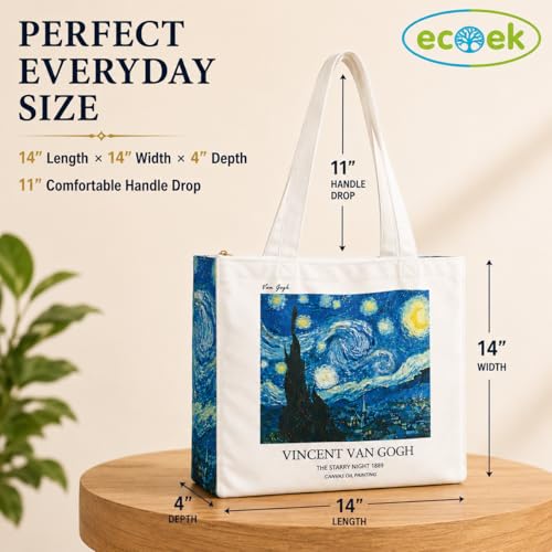 Image of Artsy Canvas Tote Bag for Women | Zipper Closure, Bottle Holder & Keychain Hook | Premium Cotton Canvas Bag for Travel, College, Office | Reusable Shopping Tote Bag Gift