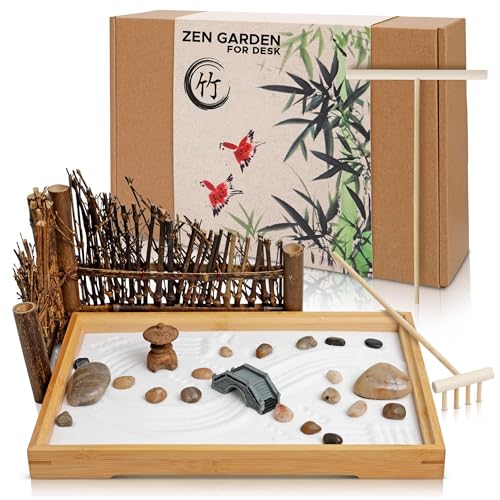 ENSO - Japanese Zen Garden Kit for Desk - 11x7.5 Inches Large - Bamboo Tray, White Sand, River Rocks, Pebbles, Rake Tools Set - Office Table Accessories, Mini Zen Sand Garden Kit - Meditation Gifts