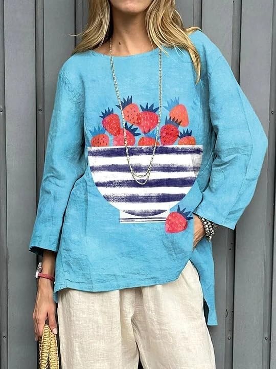 Women Spring Linen Long Sleeve Shirt Summer Casual Crewneck Top Dressy Loose Baggy Beach Vacation Tunic Blouse - Image 2