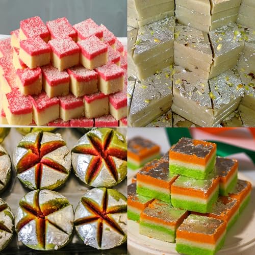 Lily's Indian Vegetarian Cuisine, Mixed Sweet Ice Coconut Barfi, Kaju Katli, Kaju komal, Tiranga Barfi (pack of 4 each 1, Pack of 8 Each 2) (8)