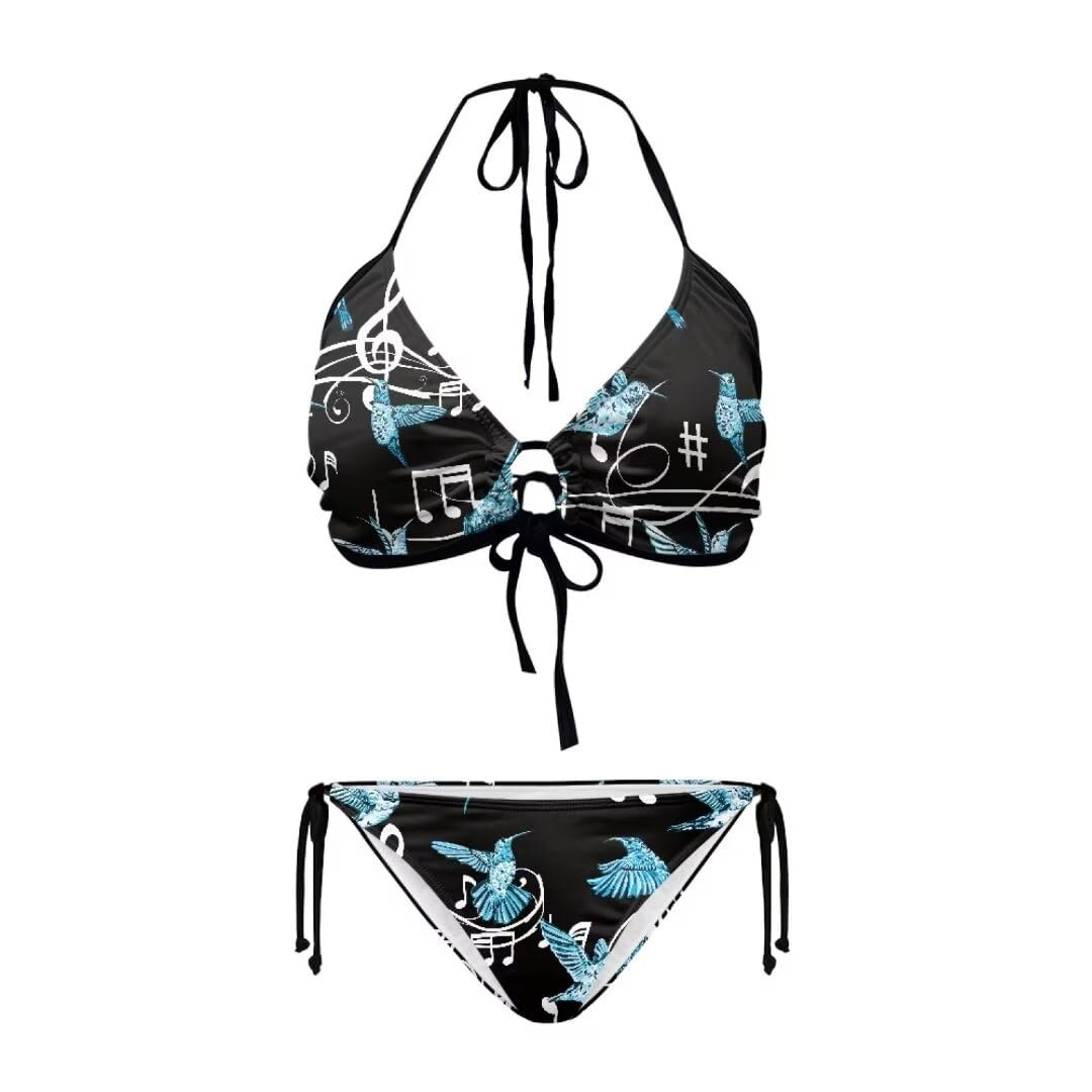 Youngerbaby Blue Hummingbirds Print Women's Triangle Bikini Set, Music Notes Two Piece Swimsuit Tie Side Triangle Bikini Bathing Suit
