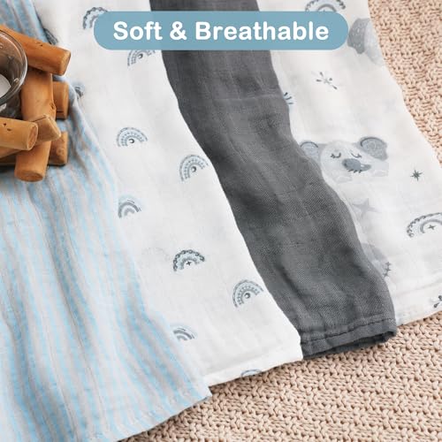 Image of Viviland Muslin Swaddle Blankets, Swaddle Wrap for Boys and Girls, Breathable and Skin-Friendly Baby Receiving Blankets, Baby Essentials, 4-Pack Blue Elephant, 47 x 47 inches