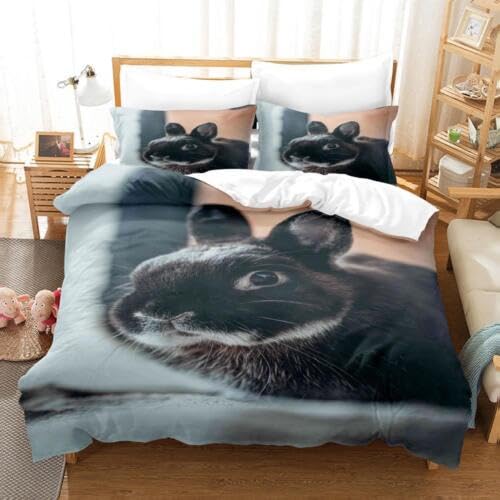 Housse de Couette 240x260 Lapin Noir Parure de Lit Microfibre 110g/㎡ avec Taies 65x65