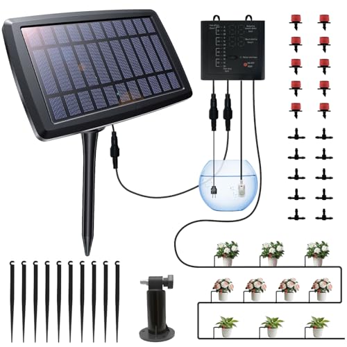 Solar Automatic Drip Irrigation Kit System, 12 Timer Settings Garden Irrigation System, Self Watering Devices for Plants, Raised Beds, Greenhouse, Travel, IP44 Waterproof (10 Pots)
