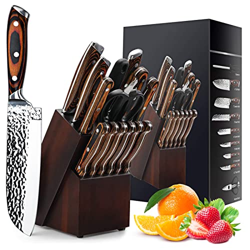 HUIKAILI Messerblock Set, 15-teiliges Messerset mit Holzblock, selbstschärfend für Kochmesserset, Messerset aus gehämmertem Edelstahl mit hohem Kohlenstoffgehalt mit Steakmessern (Rot)