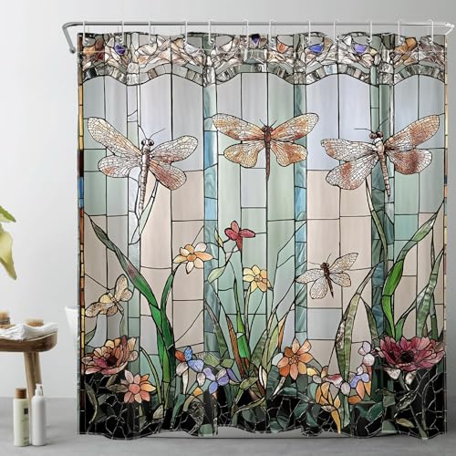 ECOTOB Green Garden Shower Curtain for Bathroom, Stained Glass Floral and Dragonfly Print Bathroom Decor, Aesthetic Bath Curtain Polyester Fabric with Hooks, 72Lx72W Inches
