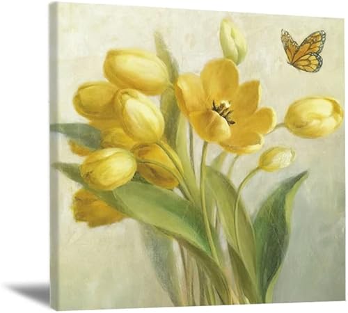 Yellow Flower and Butterfly Canvas Wall Art Yellow Flowers Watercolor Wall Decor Poster Flower Abstract Flower Floral Canvas Prints Yellow Tulip Plants Wall Decor for Home Decor 16X16Inch Noframe