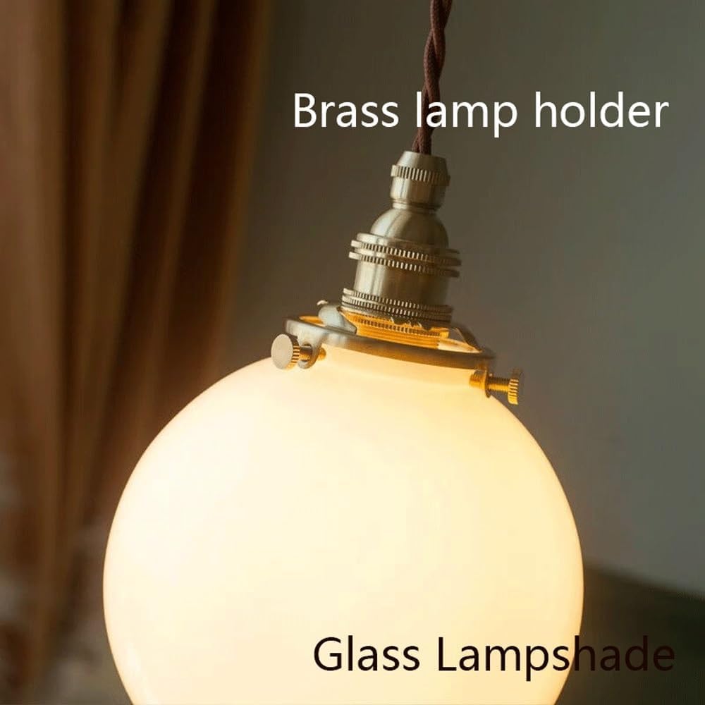 Lampada a sospensione vintage a forma di globo in vetro in ottone, lampada a moderna in bianco metà secolo, da soffitto retrò con cavo regolabile for comodino, isola cucina, sala pranzo, 5,5"