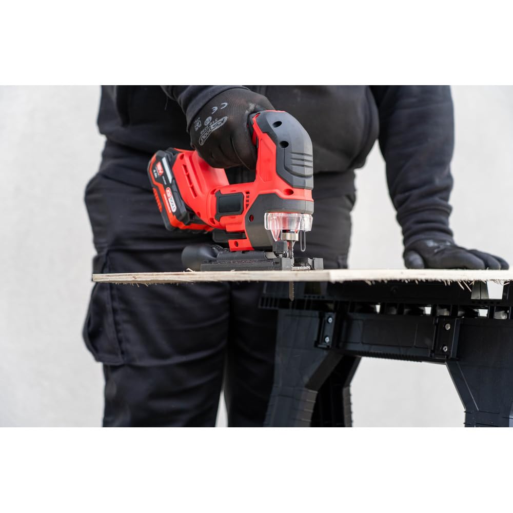 KS Tools - 515.4780F - Sega senza fili 18 V Brushless in scatola con 2 batterie 4 Ah e caricatore - Movimento a pendolo a 4 posizioni - Sega professionale legno metallo alluminio