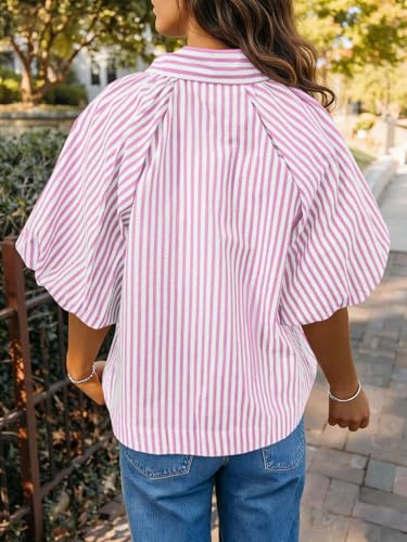Image of Tankaneo Womens Short Puff Sleeve Button Down Shirts Striped Trendy Casual Loose Fit Blouse V Neck Collared Tops