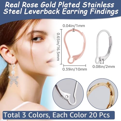 Beebeecraft 1 Box 60Pcs Leverback French Earring Hooks 24K Gold & Rose Gold & Sterling Silver Plated Stainless Steel Hypoallergenic Dangle Ear Wire Findings 16.5x10mm for Earrings DIY Jewelry Making - Image 2