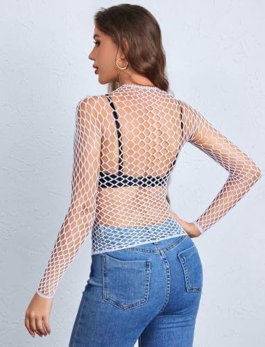 Image of Avidlove Women's Sexy Fishnet Mesh Long Sleeve Tops Mock Neck Sheer Lace See-Through Blouse Bodycon Clubwear Party Tops