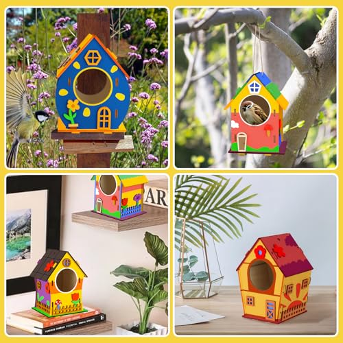 Kayqbonke 4 Stück Vogelhaus Bausatz für Kinder, DIY Holz Vogelhaus zum Bemalen Mit Farbform, Bastelset für Mädchen Jungen Kleinkinder