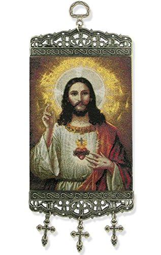 Religious Gifts Most Sacred Heart of Jesus Tapestry Icon Textile Art Banner, 9 3/4 Inch
