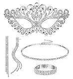 Sanfenly 5 Pieces Rhinestone Crystal Jewelry Set for Women Masquerade Mask Rhinestone Choker Necklace Bracelets Dangle Earrings Set Bridal Jewelry for Wedding Masquerade Prom
