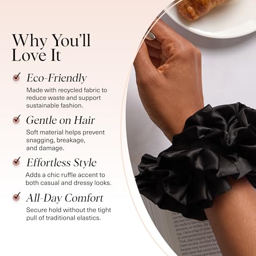 Image of Kitsch Recycled Satin Ruffle Scrunchie - Gentle Hair Scrunchie for Women, Eco-Friendly Hair Tie No Damage, Stylish Ponytail Holder | Ideal Gifts for Women - Black