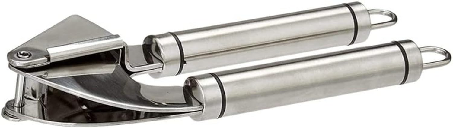 KGAIXN Stainless Steel Garlic Press Crusher and Mincer, Ginger Crushing Tool, Easy Squeeze No Mess Design for Smooth Mincing, No Flying Cloves, Silver, 19 * 5 * 2.9cm