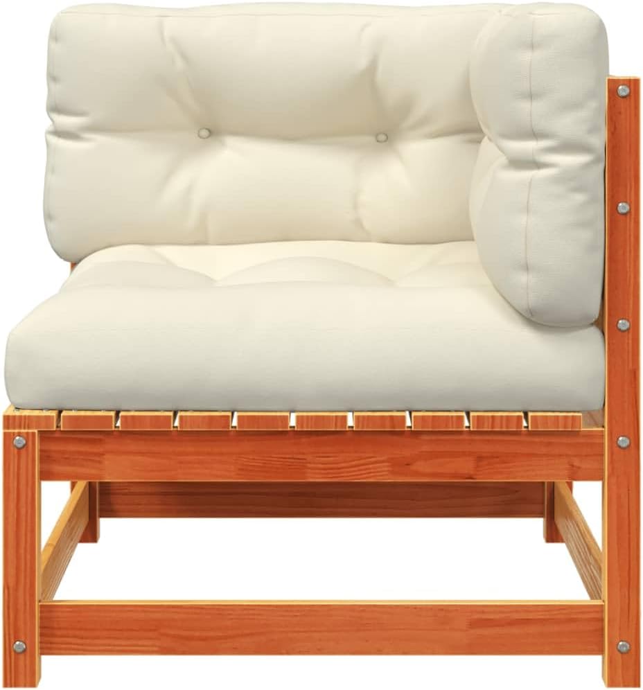 Outdoor Patio Corner Sofa, Waxed Solid Pine Wood Garden Loveseat with Cream Cushions, Modular Weather-Resistant Backyard Furniture for 2-Person Seating