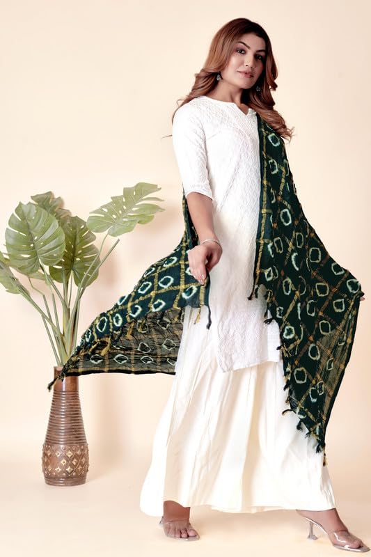 Image of Women Bandhani Dupatta | Traditional Chunri Print with Decorative Border | Lightweight Ethnic Stole for Festive and Wedding Wear