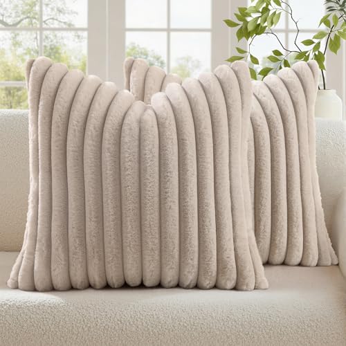 Image of decorUhome Fall Cozy Faux Fur Throw Pillow Covers 16x16 Set of 2 Decorative Soft Plush Striped Modern Farmhouse Boho Couch Pillow Cases with Velvet Back for Sofa Bed Living Room, Tan