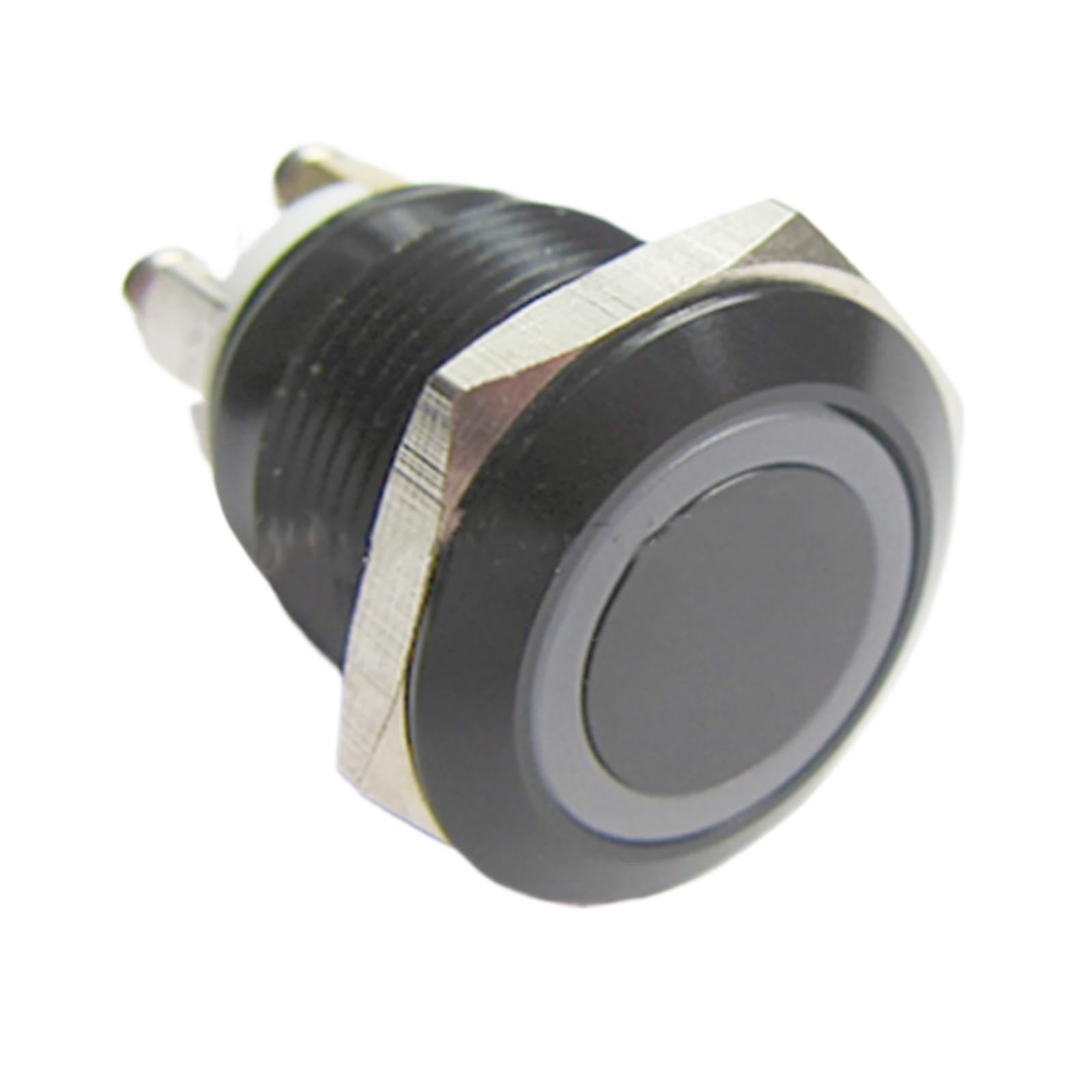 Botón pulsador de cabeza plana en aluminio negro de 19 mm con estructura robusta de 36V 2
