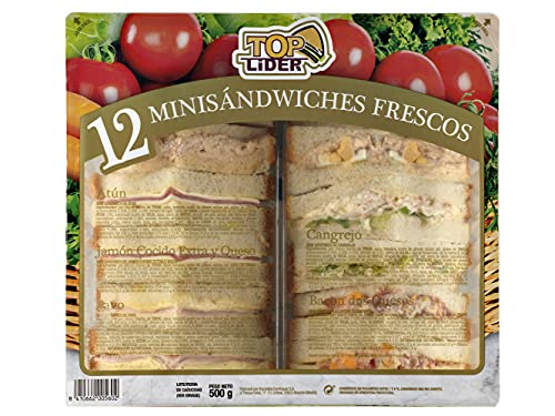 TOP LIDER - 12 Mini Sandwiches Surtidos de Atún, Jamón Cocido con Queso, Pavo, Cangrejo y Bacon Dos Quesos - Refrigerado - 500 g