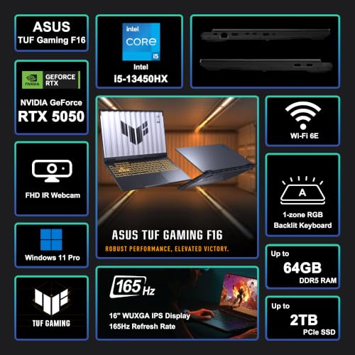 Image of ASUS TUF F16 Gaming Laptop 16 inch WUXGA IPS 165Hz (100% sRGB) Intel 10-core i5-13450HX 16GB RAM 512GB SSD GeForce RTX 5050 (Up to 440 AI Tops) RGB Backlit Thunderbolt Win11Pro ICP Hub