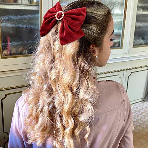 Aileam Velvet Hair Bows Barrettes Clips 8" Large Bows With Pearl Hair Clip Vintage Accessories For Women Girls Red Black Yellow Green 4Pack #TOP2