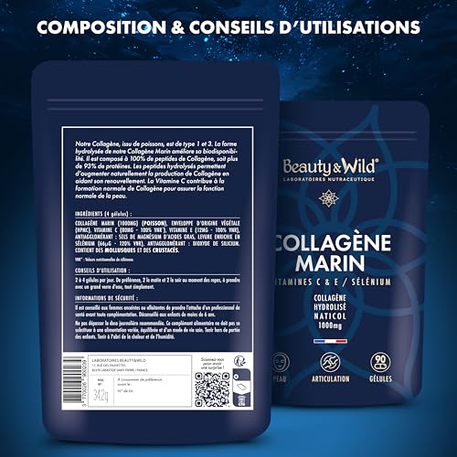 Collagène Marin, complément alimentaire de peptides de collagène Marin + Vitamine C + Vitamine E + Sélénium, Naticol type 1 et 3, 2000Da, haute absorption, Made in France, 90 gélules – Image 8
