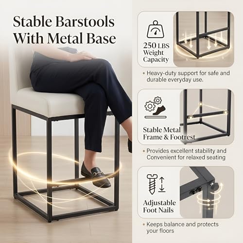 Image of HNY Modern Counter Height Bar Stools Set of 4, Leather Upholstered Barstools with Back, 27 Inch Tall Bar Chair with Armless for Kitchen Island, with Black Metal Frame, White