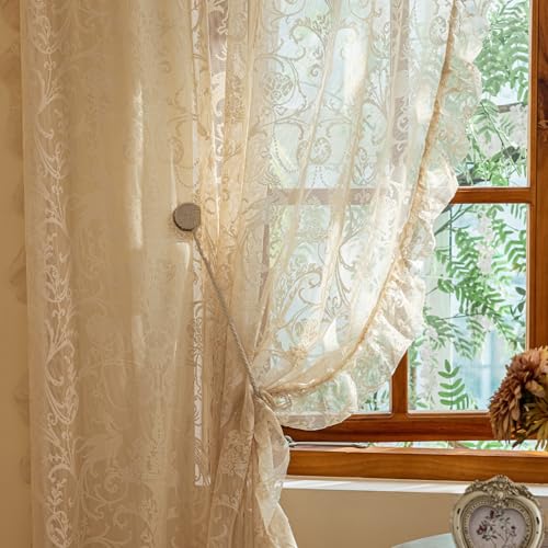 TUDECO Beige Lace Curtains 84 Inches Long - Vintage Ruffle Sheer Curtains for Living Room Farmhouse Flowy Flower Rod Pocket Fluffy Aesthetic Art Decor 1 Pair 59 x 84 Inch Natural Beige