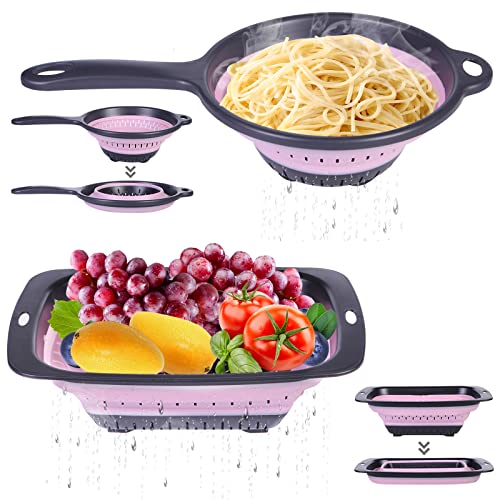 Kitchen Collapsible Silicone Colander Sets (Strainers) Sizes 7.8" - 2 Qt And 9" - 3 Qt, Fits Your Kitchen Above Sink Vegetable & Fruit Flexible Pasta Strainer With Handle And Square Strainer 2 Pack #TOP9