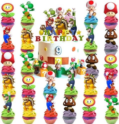 Geburtstag Tortendeko 25 mario Stück Cupcake Toppers Kindergeburtstag Deko, Cupcake Toppers Kuchen Deko für Junge Mädchen Kinder Geburtstag Party Dekorationen