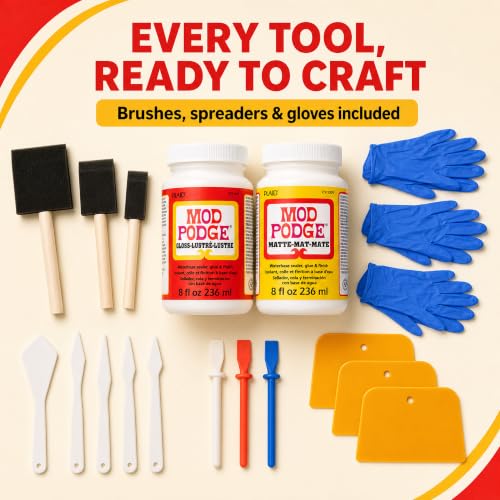 Image of Mod Podge Bundle, 8 Ounce Gloss and Matte Medium Waterproof Sealer, Pixiss Accessory Kit with Foam Brushes, Gloves, Glue Spreaders and More 8oz
