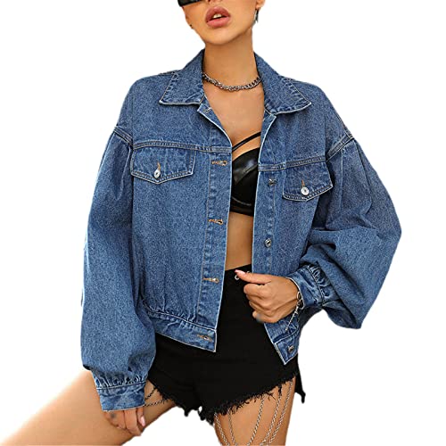 Kelsiop Single Breasted Balloon Sleeve Denim Jacket Women Spring Autumn Fashion Loose Cropped Jeans Jacket