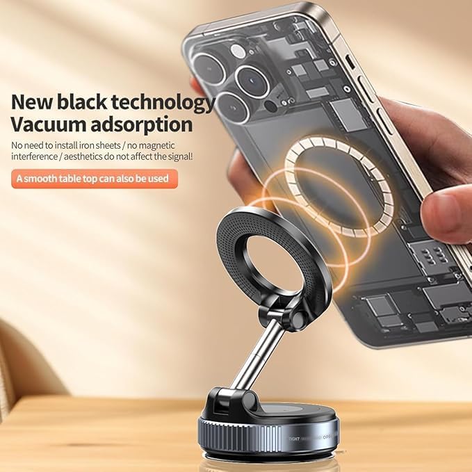 Image of Magnetic Phone Holder with Vacuum Suction Cup Strong 360 Adjustable Swivel Stand for Car Dashboard, Mirror, Kitchen, Gym & Smooth Surfaces Upgraded Locking Mount