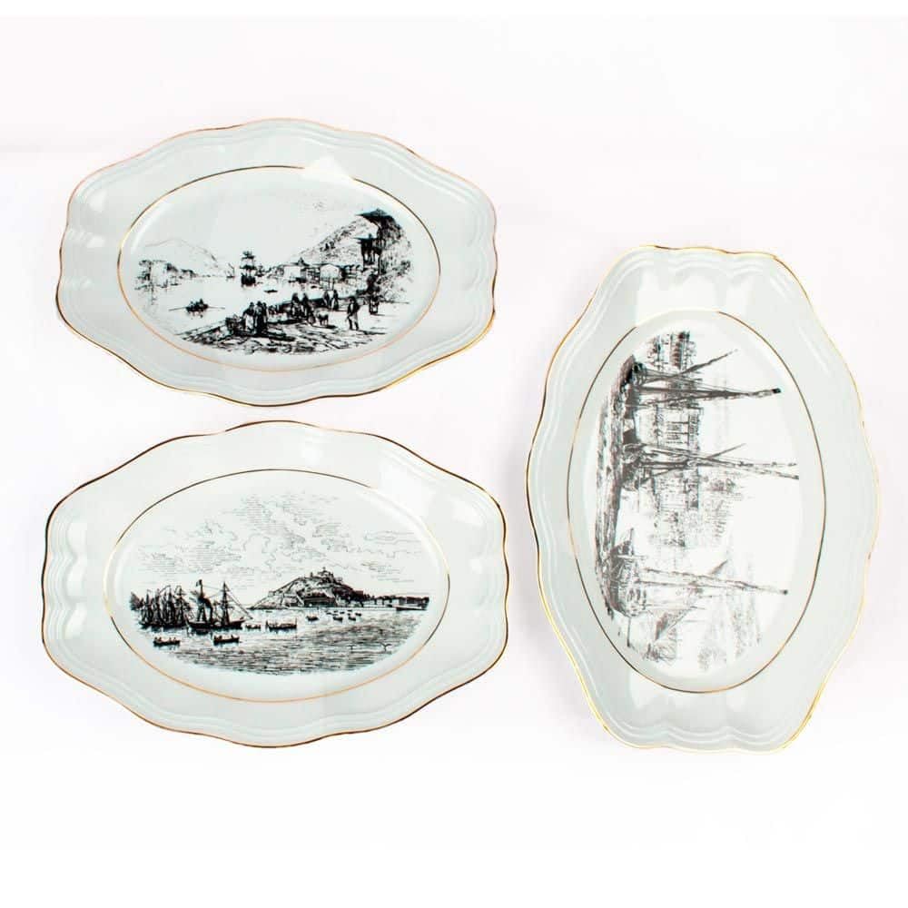 FranquiHOgar Fuentes de servir de porcelana blanca (3 piezas) Bidasoa Original, filo de oro