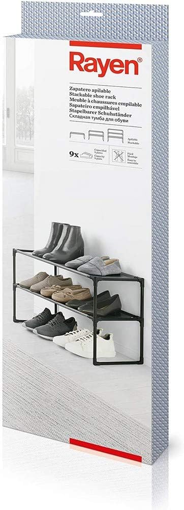Rayen Stackable Shoe Rack | Holds 9 Shoes | Easy Assembly | Fits Any Space | Dimensions: 59 x 28 x 38, Metal, Non Woven, Grey