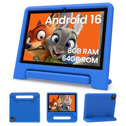 ApoloSignage 2026 Android 16 Kids Tablet, 10 Inch HD Display, 8GB RAM, 64GB ROM (Expandable to 1TB), with Kids Space, Parental Controls, Long-Lasting Battery (Blue)