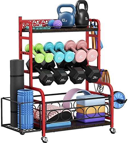 Weight Rack for Dumbbells, Dumbbell Rack Weight Stand, VOPEAK Home Gym Storage Rack for Yoga Mat Kettlebells and Strength Training Equipment, Weight Storage Holder Rack for Dumbbells with Wheels