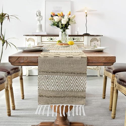 Image of Luxe Home Elegant Beige and White Woven Table Runner with Tassels - Mix Cotton Jute 13 x 74 Inch, Zig Zag - Perfect for Dining Table, Center Table, Decor
