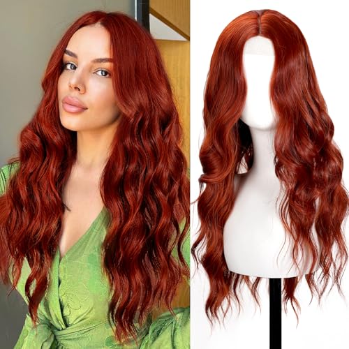 Auburn Wig for Women, 26 Inch Long Wavy Lace Hairline Middle Part Natural Looking Synthetic Heat Resistant Fiber Wigs for Daily, Party, Halloween and Cosplay, Auburn