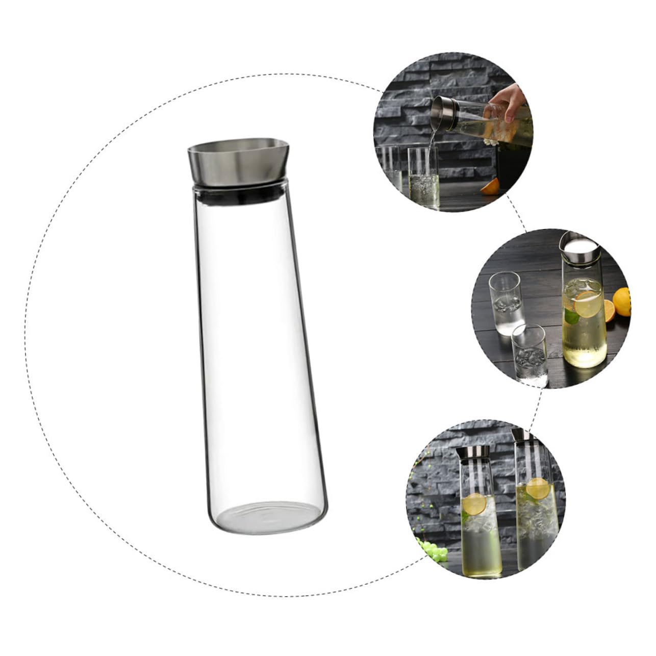 GLEAVI Jarra De Agua Fría Antidesbordamiento 1l De Vidrio De Borosilicato Tapa De Acero Inoxidable Para Uso Doméstico y Oficina Recipiente Transparente Para Jugos y Bebidas