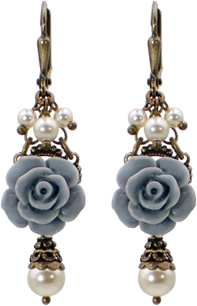 Resin Rose Earrings with Ivory-Colored Crystal Simulated Pearls